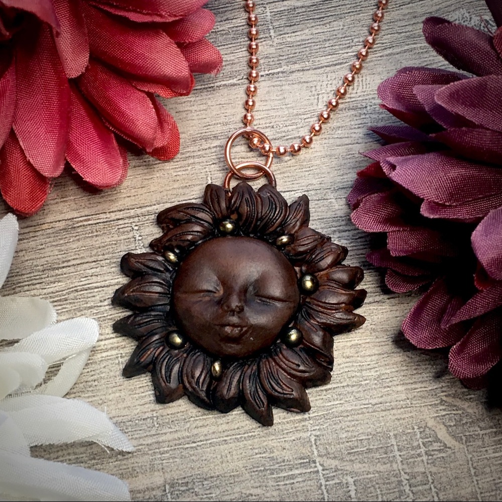 Sunflower beaded clay pendant necklace